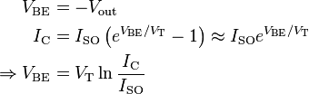 \begin{align}
              V_\mathrm{BE} &= -V_\mathrm{out} \\
               I_\mathrm{C} &= I_\mathrm{SO}\left(e^{V_\mathrm{BE} / V_\mathrm{T}} - 1\right) \approx I_\mathrm{SO} e^{V_\mathrm{BE} /V_\mathrm{T}} \\
  \Rightarrow V_\mathrm{BE} &= V_\mathrm{T} \ln \frac{I_\mathrm{C}}{I_\mathrm{SO}}
\end{align}