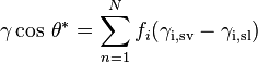  \gamma\cos\,{\theta^*}=\sum_{n=1}^N f_{i}({\gamma_\text{i,sv}}-{\gamma_\text{i,sl}})