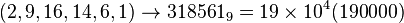 (2,9,16,14,6,1)\rightarrow318561_9=19\times10^4(190000)