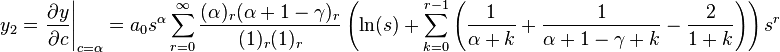 y_2 = \left. \frac{\partial y}{\partial c}\right |_{c=\alpha}  = a_0 s^{\alpha }\sum_{r=0}^{\infty } \frac{(\alpha )_{r}(\alpha +1-\gamma )_{r}}{(1)_r (1)_r}\left( \ln(s) +\sum_{k=0}^{r-1} \left( \frac{1}{\alpha +k}+\frac{1}{\alpha +1-\gamma +k}-\frac{2}{1+k} \right)  \right)s^r