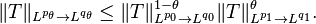 \|T\|_{L^{p_\theta} \to L^{q_\theta}} \leq \|T\|^{1-\theta}_{L^{p_0} \to L^{q_0}} \|T\|^{\theta}_{L^{p_1} \to L^{q_1}}.