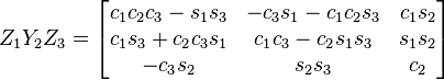 Z_1 Y_2 Z_3 = \begin{bmatrix}
 c_1 c_2 c_3 - s_1 s_3 &  - c_3 s_1 - c_1 c_2 s_3 & c_1 s_2 \\
 c_1 s_3 + c_2 c_3 s_1 & c_1 c_3 - c_2 s_1 s_3 & s_1 s_2 \\
 - c_3 s_2 & s_2 s_3 & c_2 
\end{bmatrix}