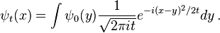  \psi_t(x) = \int \psi_0(y) {1\over \sqrt{2\pi it}} e^{-i (x-y)^2 / 2t} dy \,   .