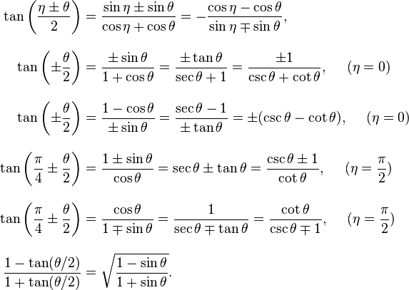 
\begin{align}
\tan\left(\frac{\eta \pm \theta}{2} \right) & = \frac{\sin\eta \pm \sin\theta}{\cos\eta + \cos\theta} = -\frac{\cos\eta - \cos\theta}{\sin\eta \mp \sin\theta}, \\[10pt]
\tan\left(\pm\frac{\theta}{2}\right) & = \frac{\pm\sin\theta}{1 + \cos\theta} = \frac{\pm\tan\theta}{\sec\theta + 1} = \frac{\pm 1}{\csc\theta + \cot\theta}, ~~~~(\eta = 0) \\[10pt]
\tan\left(\pm\frac{\theta}{2}\right) & = \frac{1-\cos\theta}{\pm\sin\theta} = \frac{\sec\theta-1}{\pm\tan\theta} = \pm(\csc\theta-\cot\theta), ~~~~(\eta=0) \\[10pt]
\tan\left(\frac{\pi}{4} \pm \frac{\theta}{2} \right) & = \frac{1 \pm \sin\theta}{\cos\theta} = \sec\theta \pm \tan\theta = \frac{\csc\theta \pm 1}{\cot\theta}, ~~~~(\eta=\frac{\pi}{2}) \\[10pt]
\tan\left(\frac{\pi}{4} \pm \frac{\theta}{2} \right) & = \frac{\cos\theta}{1 \mp \sin\theta} = \frac{1}{\sec\theta \mp \tan\theta} = \frac{\cot\theta}{\csc\theta \mp 1}, ~~~~(\eta=\frac{\pi}{2}) \\[10pt]
\frac{1 - \tan(\theta/2)}{1 + \tan(\theta/2)} & = \sqrt{\frac{1 - \sin\theta}{1 + \sin\theta}}.
\end{align}
