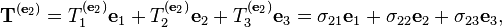 \mathbf{T}^{(\mathbf{e}_2)}= T_1^{(\mathbf{e}_2)}\mathbf{e}_1 + T_2^{(\mathbf{e}_2)} \mathbf{e}_2 + T_3^{(\mathbf{e}_2)} \mathbf{e}_3=\sigma_{21} \mathbf{e}_1 + \sigma_{22} \mathbf{e}_2 + \sigma_{23} \mathbf{e}_3,