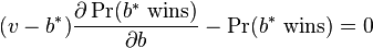  (v-b^*)\frac{\partial \Pr(b^*\ \textrm{wins})}{\partial b}-\Pr(b^*\ \textrm{wins})=0 