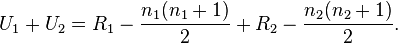 U_1 + U_2 = R_1 - {n_1(n_1+1) \over 2} + R_2 - {n_2(n_2+1) \over 2}. \,\!