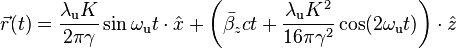 \vec{r}(t)=\frac{\lambda_\text{u} K}{2\pi\gamma}\sin \omega_\text{u}t\cdot \hat{x}
+\left ( \bar{\beta_z}ct+\frac{\lambda_\text{u}K^2}{16\pi\gamma^2}\cos(2\omega_\text{u}t) \right )\cdot \hat{z} 