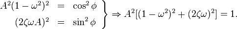 \left . \begin{array}{rcl} A^2  (1-\omega^2)^2 & = & \cos^2\phi \\[6pt] (2 \zeta \omega A)^2 & = & \sin^2\phi \end{array} \right \} \Rightarrow A^2[(1-\omega^2)^2 + (2 \zeta \omega)^2] = 1. 