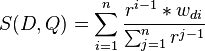 S(D,Q) = \sum_{i=1}^n\frac{r^{i-1}*w_{di}}{\sum_{j=1}^n r^{j-1}}