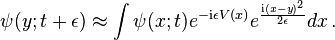 
\psi(y;t+\epsilon) \approx \int \psi(x;t) e^{-{\rm i}\epsilon V(x)} e^{{\rm i}(x-y)^2 \over 2\epsilon} dx
\,.