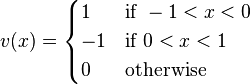 v(x)=\begin{cases}
1 & \text{if }-1<x<0 \\
-1 & \text{if }0<x<1\\
0 & \text{otherwise}
\end{cases}