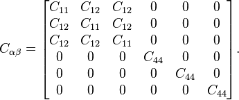  C_{\alpha \beta} =\begin{bmatrix}
  C_{11}  &  C_{12} &  C_{12} & 0 & 0  & 0 \\
  C_{12}  &  C_{11} &  C_{12} & 0 & 0  & 0 \\
  C_{12}  & C_{12}  &  C_{11} & 0 & 0  & 0 \\
 0  & 0 & 0 & C_{44} & 0  & 0 \\
 0  & 0 & 0 & 0 & C_{44}  & 0 \\
 0  & 0 & 0 & 0 & 0  & C_{44} 
\end{bmatrix}.
\,\!