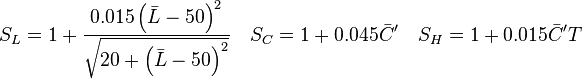 
  S_L = 1 + \frac{0.015 \left( \bar{L} - 50 \right)^2}{\sqrt{20 + {\left(\bar{L} - 50 \right)}^2} } \quad
  S_C = 1+0.045 \bar{C}^\prime \quad
  S_H = 1+0.015 \bar{C}^\prime T
