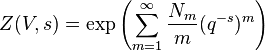 Z(V, s) = \exp\left(\sum_{m = 1}^\infty \frac{N_m}{m} (q^{-s})^m\right)