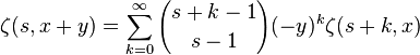 \zeta(s,x+y) = 
\sum_{k=0}^\infty {s+k-1 \choose s-1} (-y)^k \zeta (s+k,x)