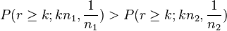 P(r \ge k ; k n_1, \frac{1}{n_1}) > P(r \ge k ; k n_2, \frac{1}{n_2})