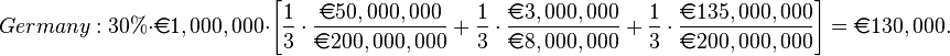 Germany: 30\% \cdot \euro 1,000,000 \cdot \left[ \frac{1}{3} \cdot \frac{\euro 50,000,000}{\euro 200,000,000} + \frac{1}{3} \cdot \frac{\euro 3,000,000}{\euro 8,000,000} + \frac{1}{3} \cdot \frac{\euro 135,000,000}{\euro 200,000,000} \right] = \euro 130,000.