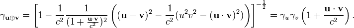 \gamma_{\mathbf u \oplus \mathbf v} =\left[ 1 -   \frac{1}{c^2}\frac{1}{(1+\frac{\mathbf u \cdot \mathbf v}{c^2})^2}
\left( (\mathbf u + \mathbf v)^2 - \frac{1}{c^2}(u^2v^2 - (\mathbf u \cdot \mathbf v)^2)\right)\right]^{-\frac{1}{2}}=\gamma_u\gamma_v\left(1+\frac{\mathbf u \cdot \mathbf v}{c^2}\right).