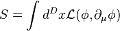 S = \int d^D x \mathcal{L}(\phi,\partial_\mu \phi)