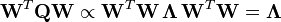 \mathbf{W}^T \mathbf{Q} \mathbf{W} \propto \mathbf{W}^T \mathbf{W} \, \mathbf{\Lambda} \, \mathbf{W}^T \mathbf{W}
=  \mathbf{\Lambda} 