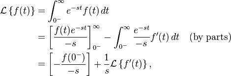 \begin{align}
  \mathcal{L} \left\{f(t)\right\} &= \int_{0^-}^{\infty} e^{-st} f(t)\, dt \\
                                  &= \left[\frac{f(t)e^{-st}}{-s} \right]_{0^-}^{\infty} -
                                       \int_{0^-}^\infty \frac{e^{-st}}{-s} f'(t) \, dt\quad \text{(by parts)} \\
                                  &= \left[-\frac{f(0^-)}{-s}\right] + \frac{1}{s}\mathcal{L}\left\{f'(t)\right\},
\end{align}