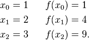 
\begin{align}
x_0 & = 1 & & & f(x_0) & = 1 \\
x_1 & = 2 & & & f(x_1) & = 4 \\
x_2 & = 3 & & & f(x_2) & =9.
\end{align}
