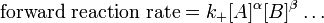 \mbox{forward reaction rate} = k_+ [A]^\alpha[B]^\beta \dots \,\!