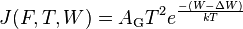 J (F,T,W) = A_{\mathrm{G}} T^2 e^{ - (W - \Delta W) \over k T}