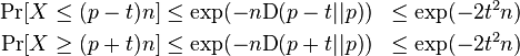 \begin{align}
\Pr[X\le (p - t)n]
&\le \exp(-n\text{D}(p-t||p))
&\le \exp(-2t^2n)\\
\Pr[X\ge (p+t)n]
&\le \exp(-n\text{D}(p+t||p))
&\le \exp(-2t^2n)\\
\end{align}\!