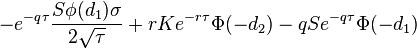  -e^{-q \tau} \frac{S \phi(d_1) \sigma}{2 \sqrt{\tau}} + rKe^{-r \tau}\Phi(-d_2) - qSe^{-q \tau}\Phi(-d_1)\, 