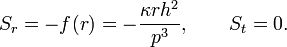  S_r = -f(r) = -\frac{\kappa r h^2}{p^3} , \qquad S_t = 0 . 