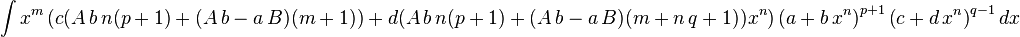 
  \int x^m\left(c (A\,b\,n (p+1)+(A\,b-a\,B) (m+1))+d (A\,b\,n (p+1)+(A\,b-a\,B) (m+n\,q+1)) x^n\right)\left(a+b\,x^n\right)^{p+1}\left(c+d\,x^n\right)^{q-1}dx
