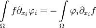  \int\limits_\Omega f\partial_{x_i}\mathbf\varphi_i = - \int\limits_\Omega \mathbf\varphi_i\partial_{x_i} f 