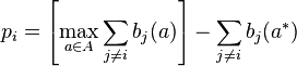 p_i = \left[ \max_{a \in A} \sum_{j \neq i} b_j(a) \right] - \sum_{j \neq i} b_j(a^*) 