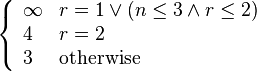 \left\{\begin{array}{ll}\infty & r = 1 \vee (n \le 3 \wedge r \le 2)\\ 4 & r = 2\\ 3 & \text{otherwise}\end{array}\right.