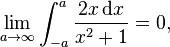 \lim_{a\rightarrow\infty}\int_{-a}^a\frac{2x\,\mathrm{d}x}{x^2+1}=0,