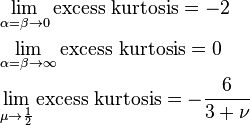  \begin{align}
&\lim_{\alpha = \beta \to 0} \text{excess kurtosis} =  - 2 \\
&\lim_{\alpha = \beta \to \infty} \text{excess kurtosis} = 0 \\
&\lim_{\mu \to \frac{1}{2}} \text{excess kurtosis} = - \frac{6}{3 + \nu}
\end{align}