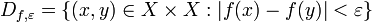 D_{f,\varepsilon} = \{(x,y)\in X\times X : |f(x) - f(y)| < \varepsilon\}