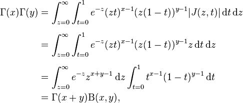 
\begin{align}
\Gamma(x)\Gamma(y) &= \int_{z=0}^\infty\int_{t=0}^1 e^{-z} (zt)^{x-1}(z(1-t))^{y-1}|J(z,t)|\,\mathrm{d}t  \,\mathrm{d}z \\[6pt]
                   &= \int_{z=0}^\infty\int_{t=0}^1 e^{-z} (zt)^{x-1}(z(1-t))^{y-1}z\,\mathrm{d}t  \,\mathrm{d}z \\[6pt]
                   &= \int_{z=0}^\infty  e^{-z}z^{x+y-1} \,\mathrm{d}z\int_{t=0}^1t^{x-1}(1-t)^{y-1}\,\mathrm{d}t\\
&=\Gamma(x+y)\Beta(x,y),
\end{align}
