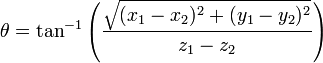 \theta = \tan^{-1}\left(\frac{\sqrt{(x_1-x_2)^2 +(y_1-y_2)^2}}{z_1-z_2} \right)