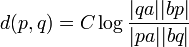 d(p,q)=C \log \frac{|qa||bp|}{|pa||bq|}