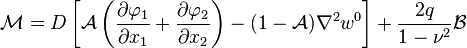 
  \mathcal{M} = D\left[\mathcal{A}\left(\frac{\partial \varphi_1}{\partial x_1} + \frac{\partial \varphi_2}{\partial x_2}\right)
    - (1-\mathcal{A})\nabla^2 w^0\right] + \frac{2q}{1-\nu^2}\mathcal{B}
