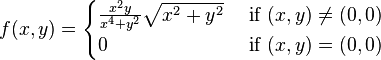 
f(x, y)=
\begin{cases}
\frac{x^2y}{x^4+y^2}\sqrt{x^2+y^2} & \mbox{ if } (x, y)\ne (0, 0)\\
0 & \mbox{ if } (x, y)=(0, 0)
\end{cases}