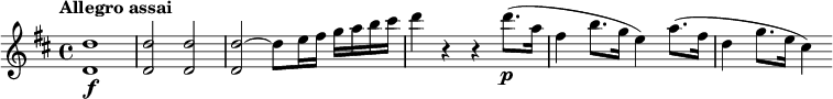 
\relative c'' {
  \tempo "Allegro assai"
  \key d \major
  <d d,>1\f |
  q2 q |
  <d~ d,>2 d8 e16 fis g a b cis |
  d4 r r d8.(\p a16 |
  fis4 b8. g16 e4) a8.( fis16 |
  d4 g8. e16 cis4)
}
