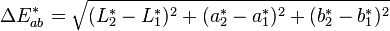 \Delta E_{ab}^* = \sqrt{ (L^*_2-L^*_1)^2+(a^*_2-a^*_1)^2 + (b^*_2-b^*_1)^2 }