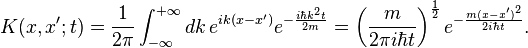 K(x,x';t)=\frac{1}{2\pi}\int_{-\infty}^{+\infty}dk\,e^{ik(x-x')} e^{-\frac{i\hbar k^2 t}{2m}}=\left(\frac{m}{2\pi i\hbar t}\right)^{\frac{1}{2}}e^{-\frac{m(x-x')^2}{2i\hbar t}}.