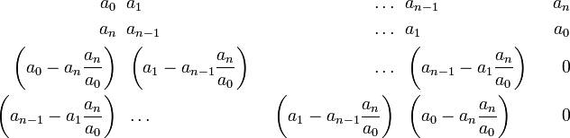 
\begin{align}
a_0 \;\; &  a_1       \;\; & \dots  \;\; & a_{n-1} \;\;& a_n\\
a_n  \;\; & a_{n-1}  \;\; & \dots  \;\; & a_1      \;\;& a_0\\
\left(a_0-a_n \frac{a_n}{a_0}\right)\;\;& \left(a_1 - a_{n-1} \frac{a_n}{a_0}\right) \;\; &\dots\;\; & \left(a_{n-1} - a_1 \frac{a_n}{a_0}\right) \;\;& 0 \\
\left(a_{n-1} - a_1 \frac{a_n}{a_0}\right) \;\; & \dots \;\;& \left(a_1 - a_{n-1} \frac{a_n}{a_0}\right) \;\;& \left(a_0-a_n \frac{a_n}{a_0}\right)\;\;&0\\
\end{align}
