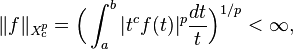 
\begin{align}
\|f\|_{\textit{X}^p_c} =\Big(\int^b_a |t^c f(t)|^p \frac{dt}{t}\Big)^{1/p} < \infty,
\end{align}
