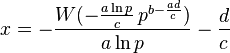  x = -\frac{W(-\frac{a\ln p}{c}\,p^{b-\frac{a d}{c}})}{a\ln p} - \frac{d}{c} 